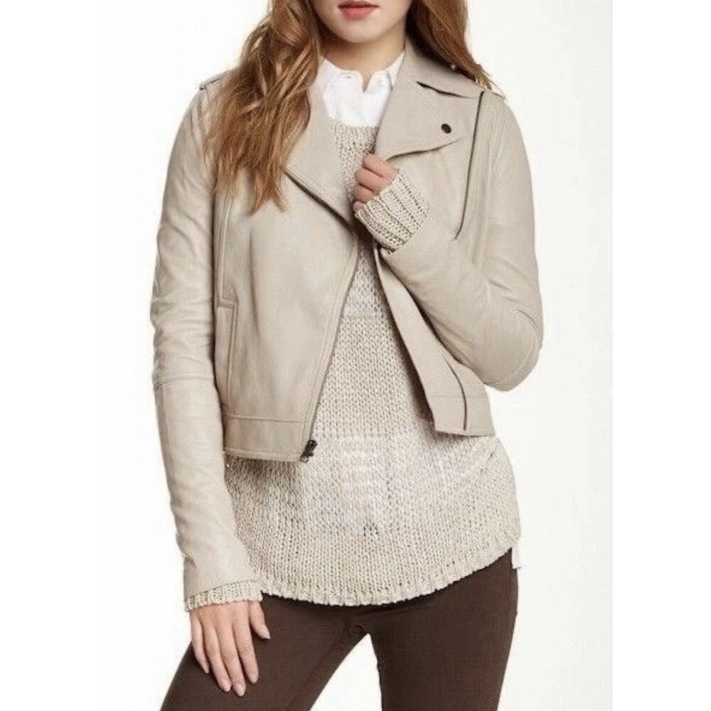 Vince Lambskin Leather Jacket Taupe/Beige Motorcycle Biker Jacket Small Cropped
